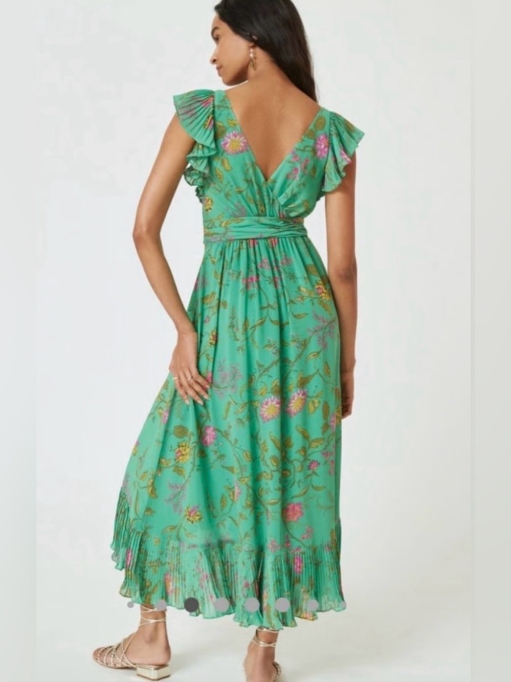 Anthropologie Green Floral Wrap Ruffle Dress, size 6. Like new. - Picture 2 of 9